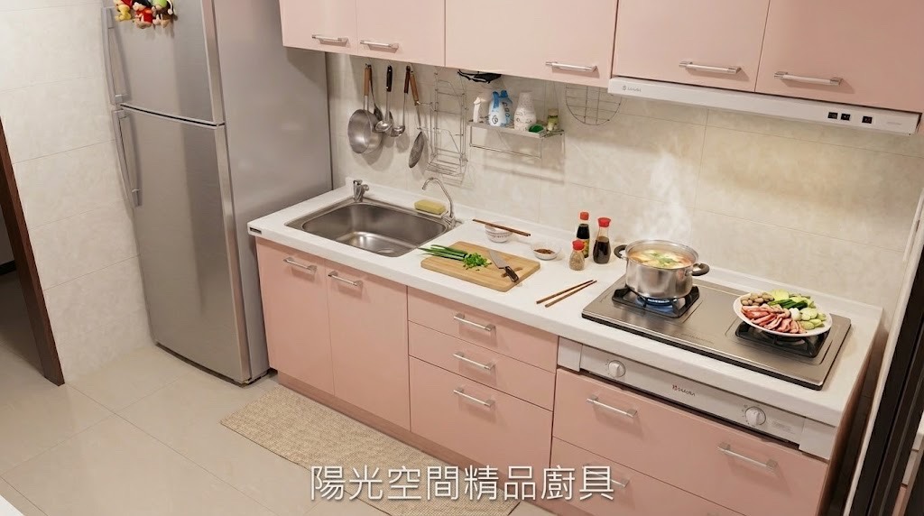 板橋大觀路粉紅系廚房 × 水晶門板 × 人造石檯面｜陽光空間精品廚具