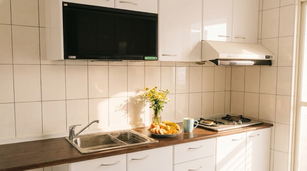 延壽街二字型美耐板廚具 木紋檯面白色門板｜陽光空間精品廚具