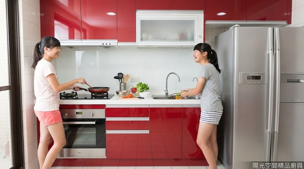 新莊二字型廚房 × 紅色結晶鋼烤 × 人造石 × 電器平台｜陽光空間精品廚具有限公司