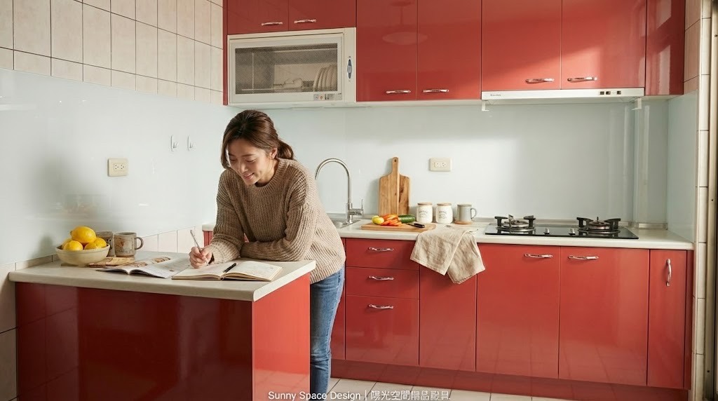 萬華民和街 238cm 紅色水晶門板廚具 × 100cm 小吧檯｜陽光空間精品廚具