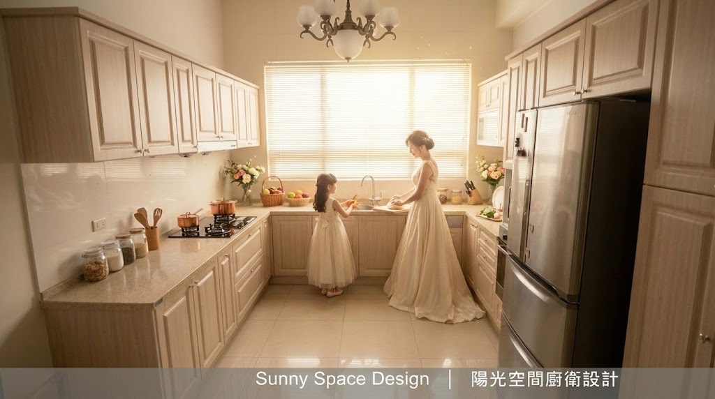 ㄇ字型鄉村風廚房 × 西班牙賽麗石檯面 × 3D 鄉村門板 × 城堡級收納｜陽光空間精品廚具