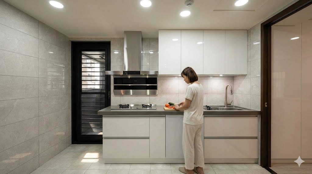 新北板橋華江一路一字型廚具整體完工照｜層光燈與白色檯面設計