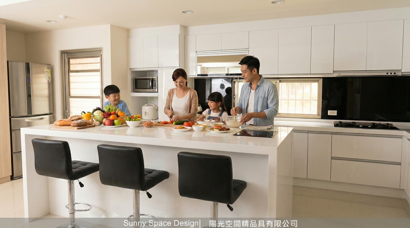 士林 L 形廚房＋中島｜六面結晶鋼烤｜陽光空間廚具