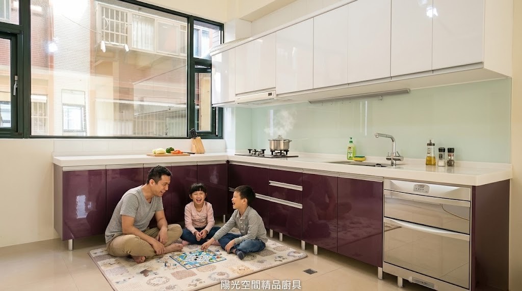 桃園永安路大L型廚具 × 上白下紫配色 × 鋁腳柱設計｜陽光空間精品廚具