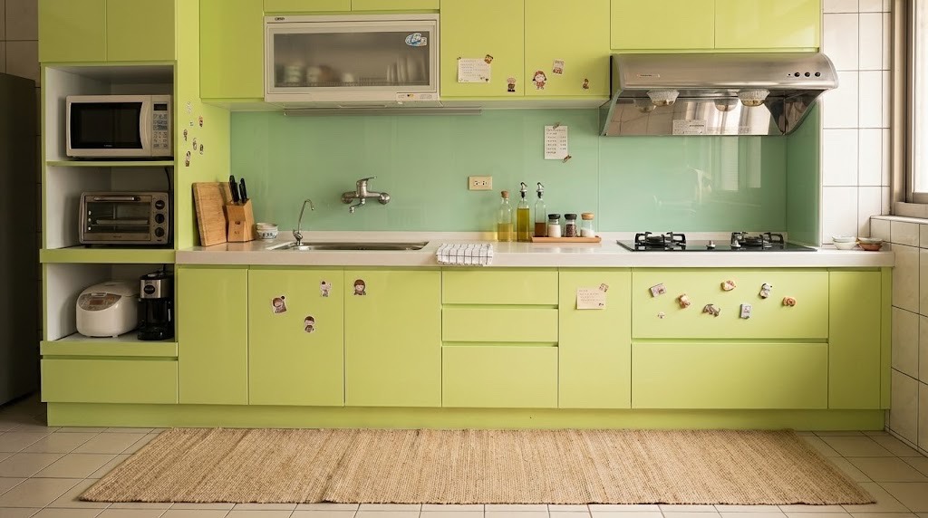 中和青蘋果綠水晶門板廚房 × 韓國人造石 × 電器櫃｜陽光空間精品廚具