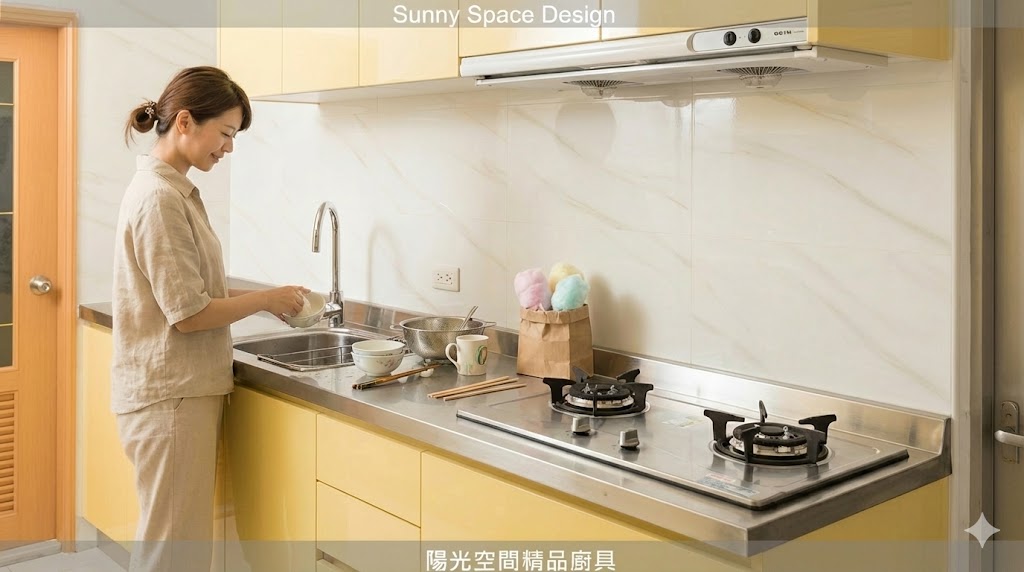 板橋結晶鋼烤一字型廚具內縮缺角檯面設計完工照