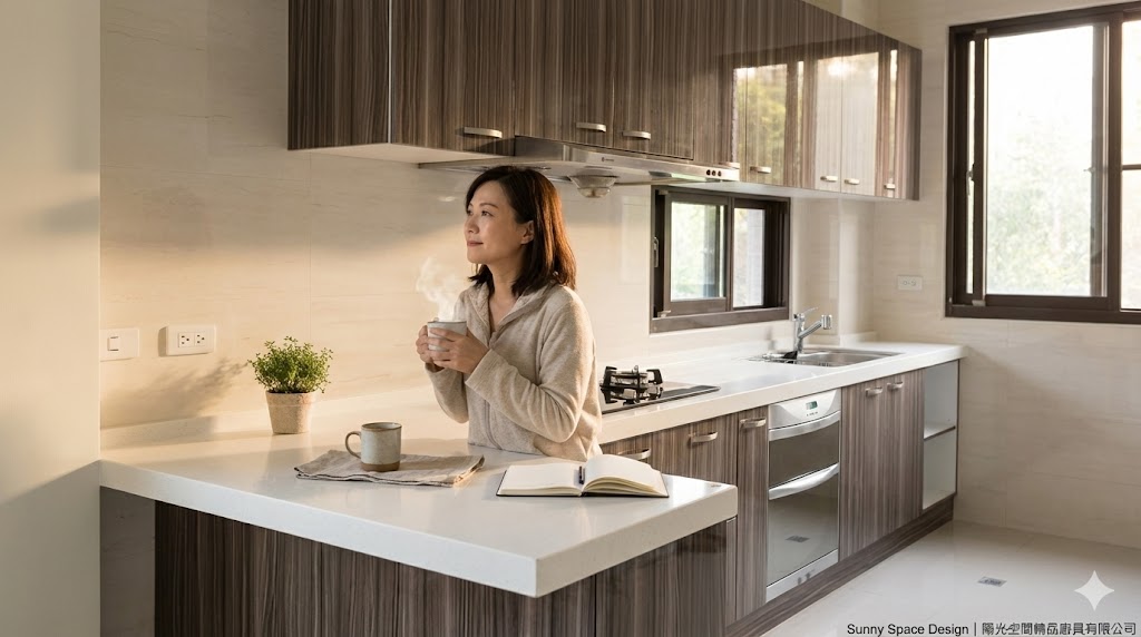 新竹峨嵋L型深色木紋廚具完工照