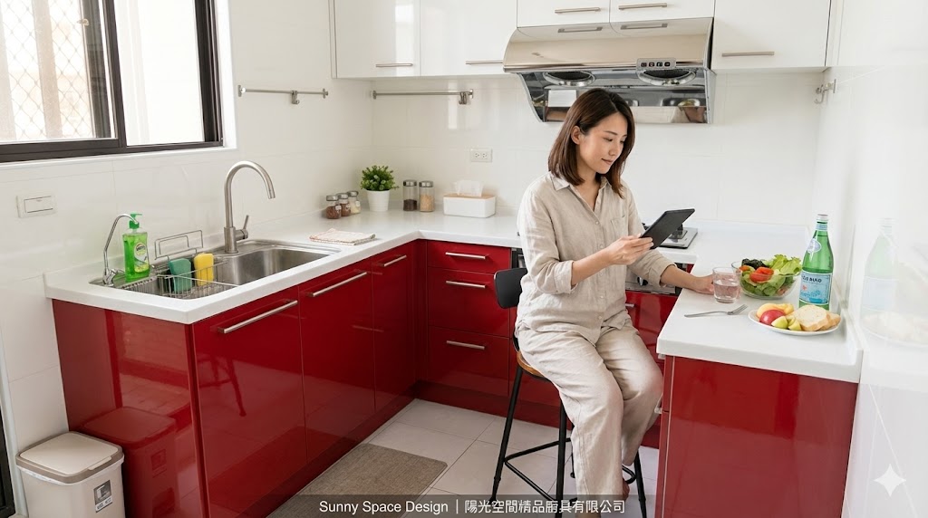 桃園愛三街白與酒紅色ㄇ字型廚具完工照