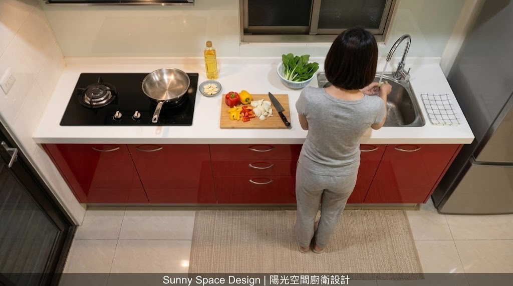 淡水沙崙路紅色水晶門板廚具 × 韓國人造石檯面｜陽光空間精品廚具