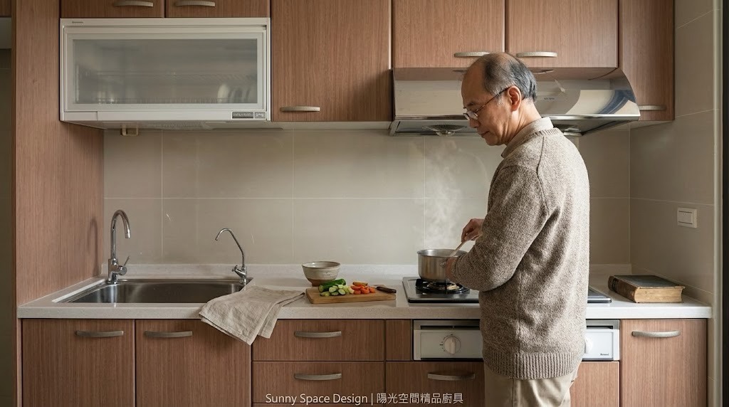 永和一字型廚具全屋裝修協作 × 人造石檯面切割 × 美耐門板｜陽光空間精品廚具