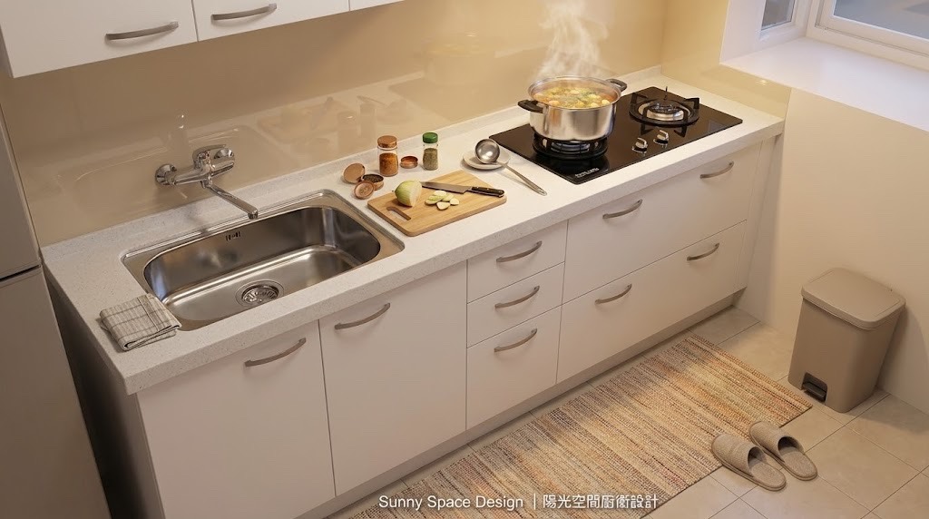 純白一字型廚具配置 × 豪山三機 × 壁式出水｜陽光空間精品廚具