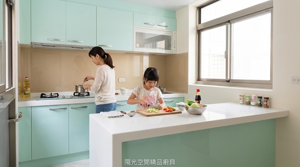 內湖大湖山莊街淡綠色廚房 × 中島吧檯 × 舊廚具移位｜陽光空間精品廚具