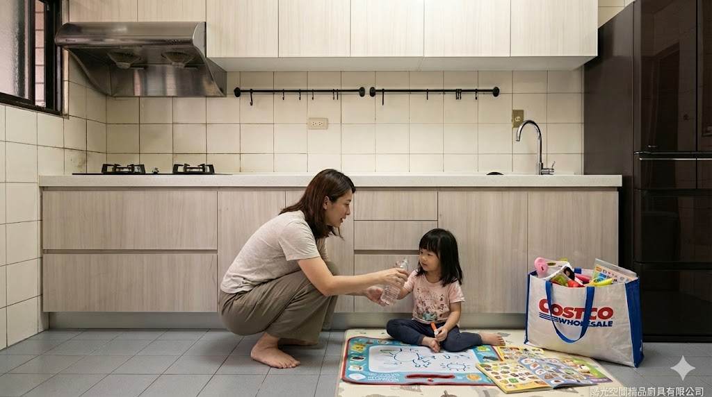 桃園276CM一字形木紋水晶門板廚具完工照