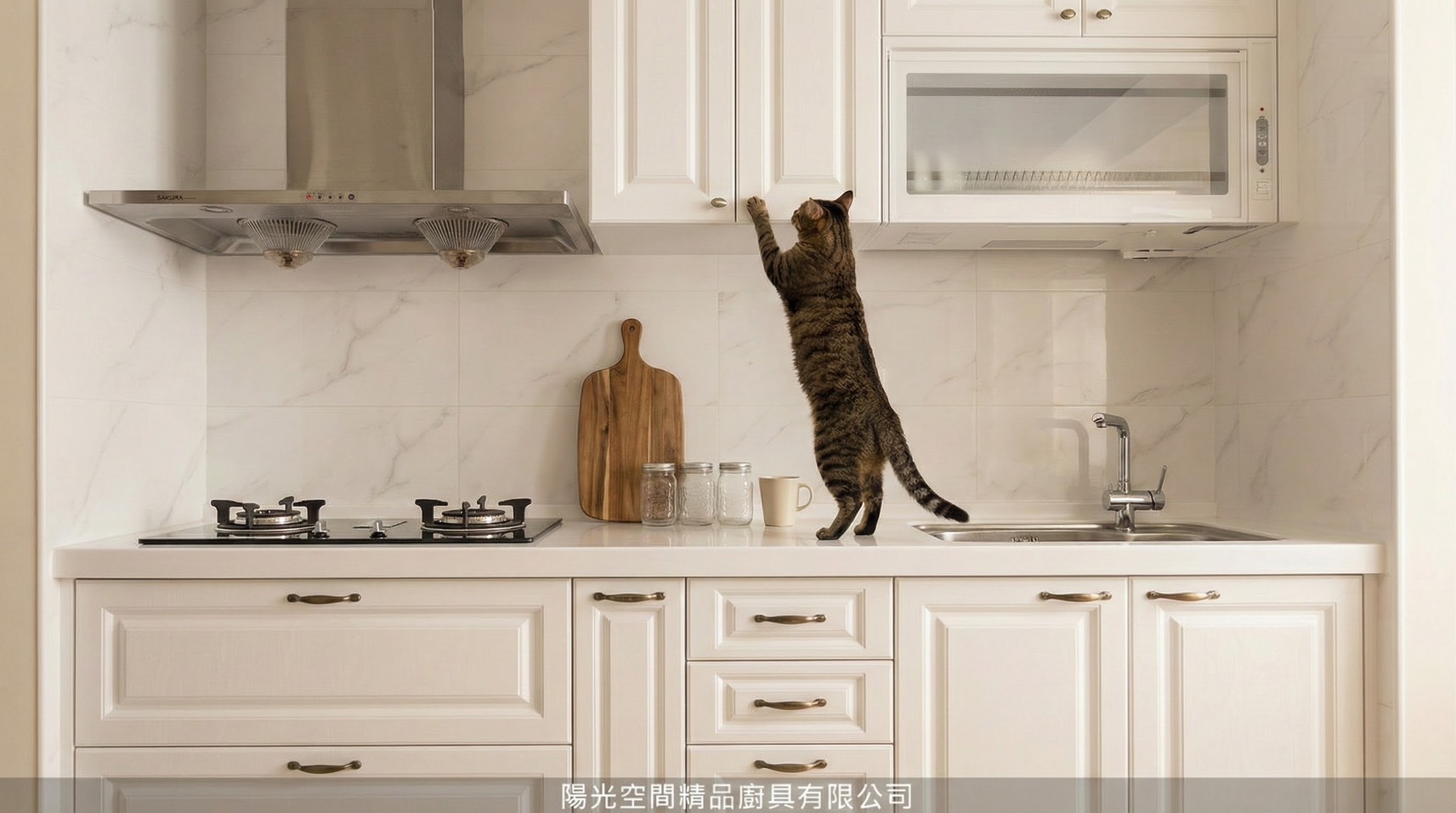 230cm 一字型鄉村風廚具｜奶油白門板 × 黃光｜陽光空間廚具