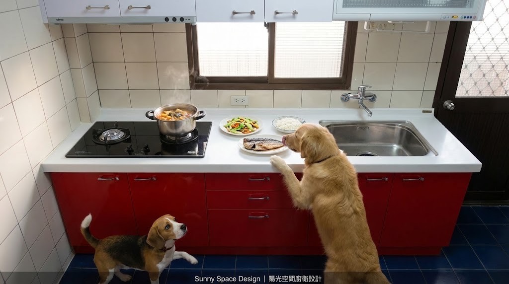 新莊中港二街 235cm 白紅跳色廚具 × 電器平台櫃｜陽光空間精品廚具