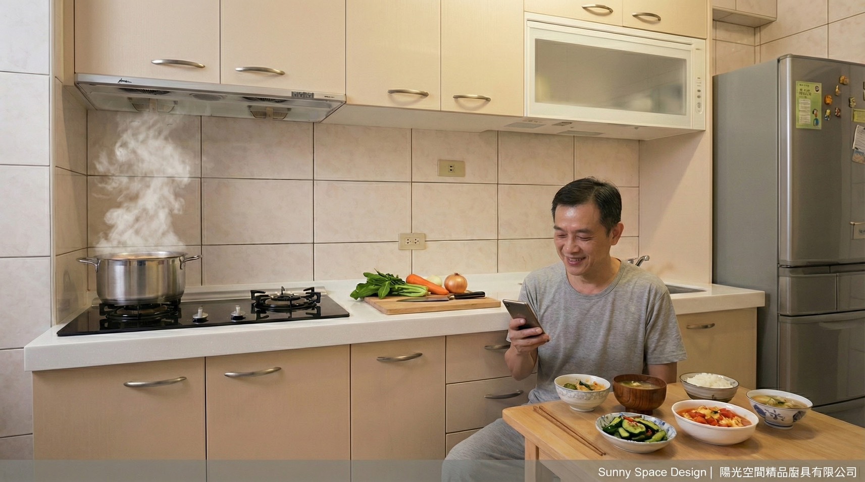 通化街米色一字型廚房｜水晶門板 × 三星人造石｜陽光空間精品廚具