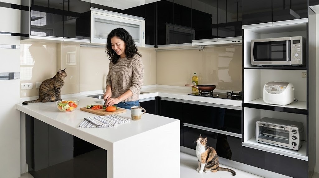 板橋裕民街ㄇ字型吧檯廚房 × 黑白線條設計 × 開放式空間｜陽光空間精品廚具