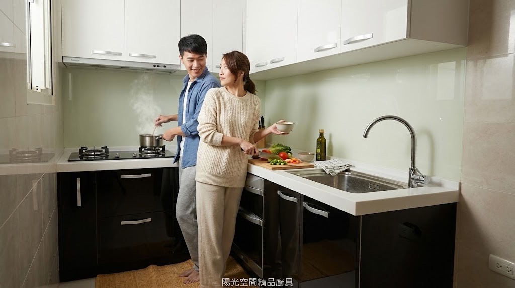基隆七堵 L 型黑白水晶廚房 × 韓國人造石檯面 × 櫻花三機｜陽光空間精品廚具