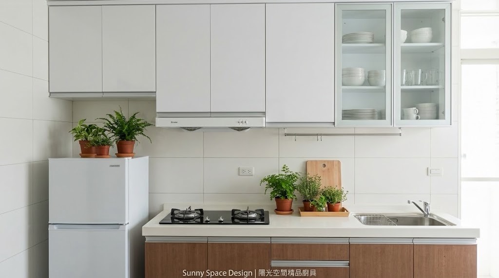 台北吳興街跳色一字型廚具 × 鋁框玻璃門 × 韓國人造石｜陽光空間精品廚具