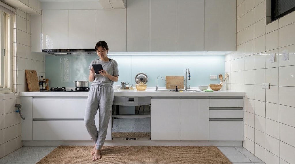 信義區忠孝東路339cm一字型廚具 白色水晶門板 韓國人造石檯面