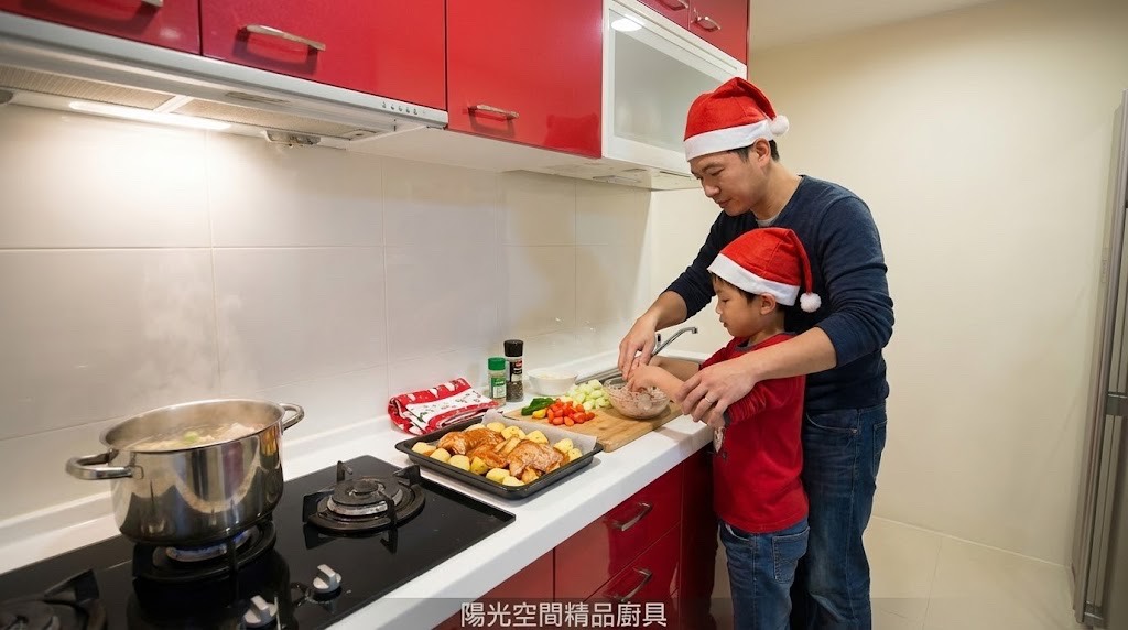 新莊豐年街聖誕紅水晶門板廚具 × 湯匙造型把手｜陽光空間精品廚具