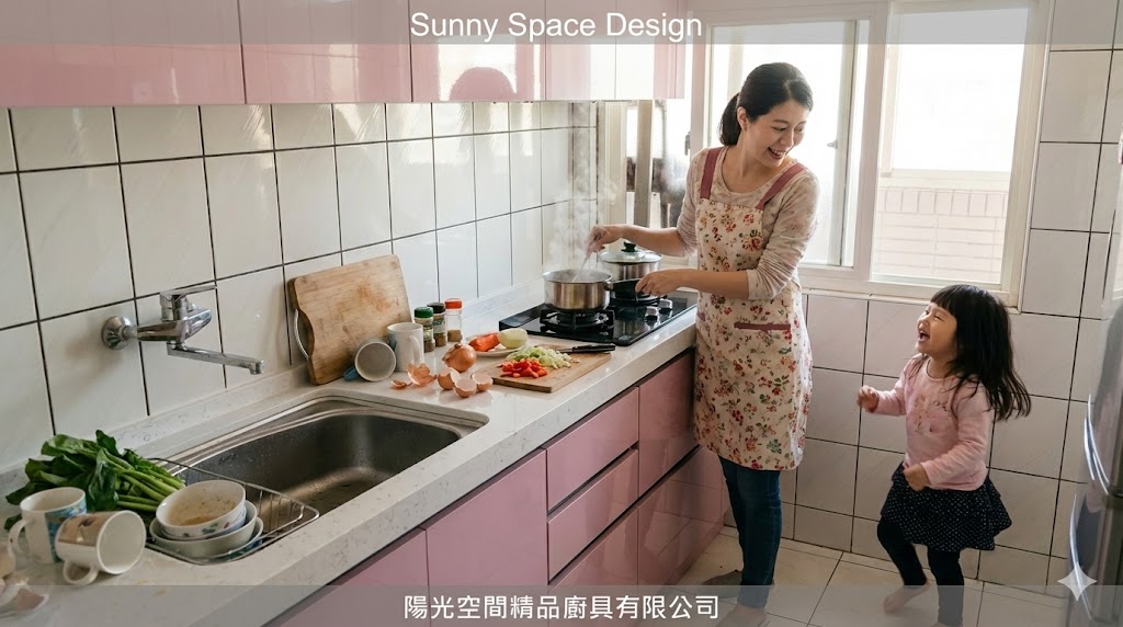 三芝粉紅廚房結晶鋼烤粉色門板石英石檯面完工照