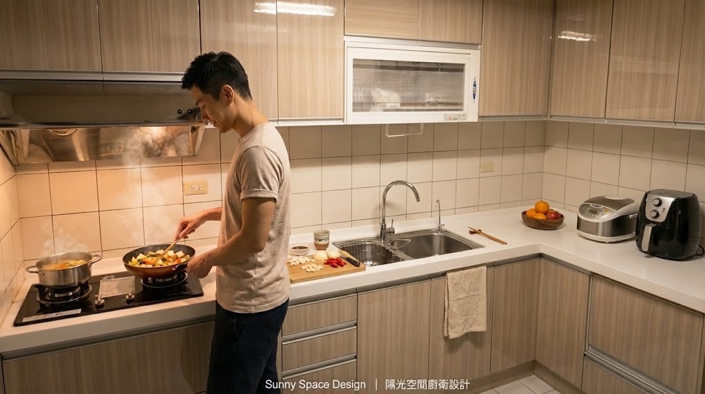 基隆淺木紋 L 型廚房 × 韓國人造石檯面 × 大型中島工作檯｜陽光空間精品廚具