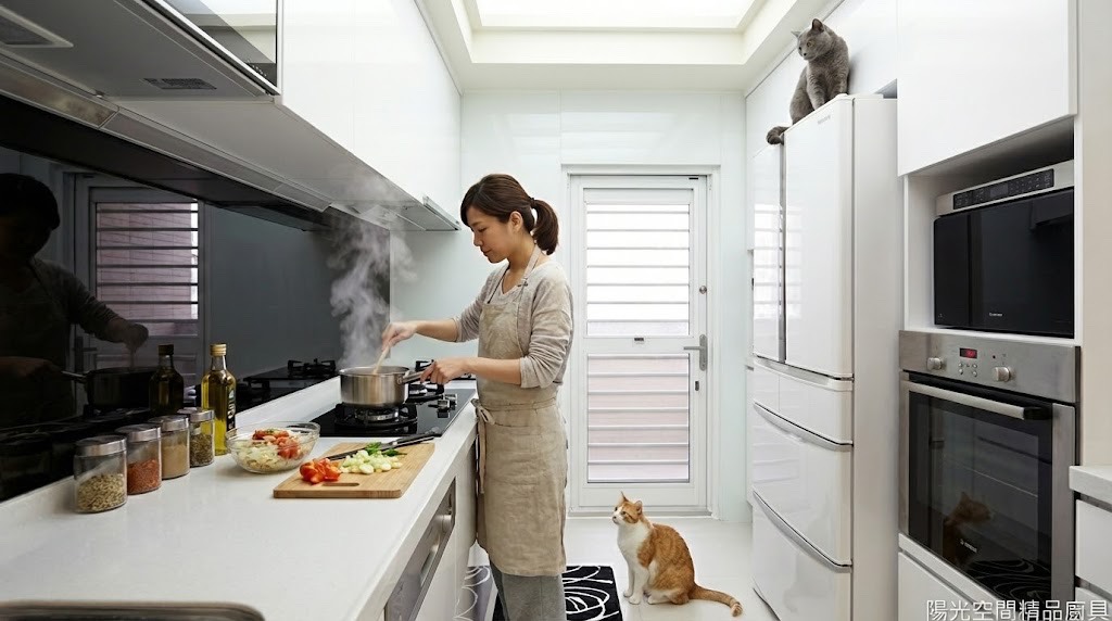 樹林區白色一字型廚房 石英石檯面 高櫃電器整合