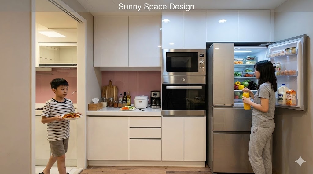 台北中山區L型白色結晶鋼烤廚具與外推式延伸櫃完工照