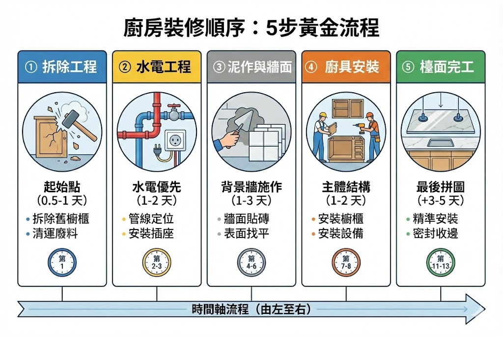 廚房翻修施工順序流程圖-拆除水電泥作廚具