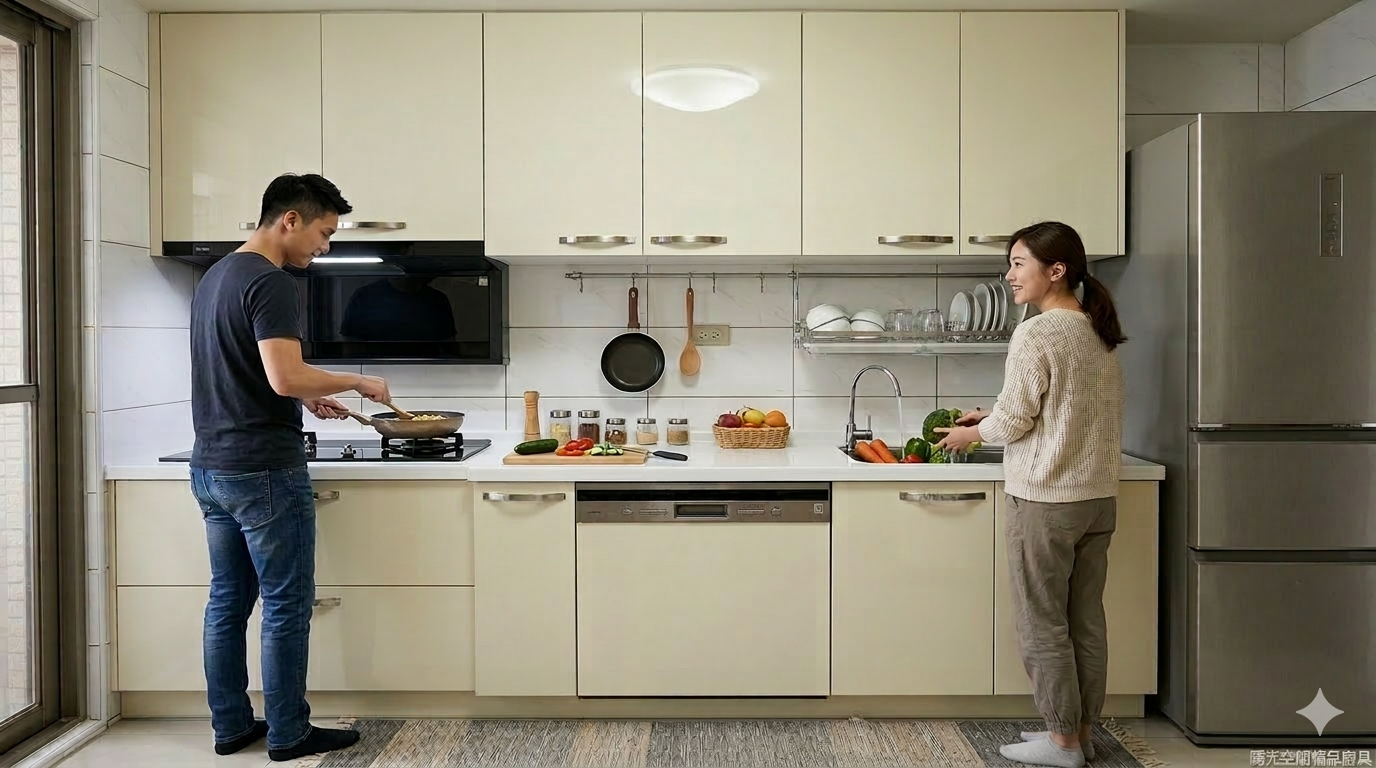 板橋大觀路一字型廚房 淺米色結晶鋼烤門板 韓國人造石檯面 完工照