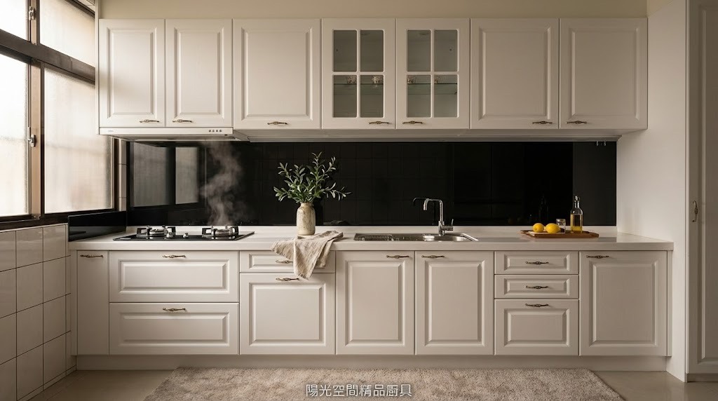 新莊景德路白色鄉村風刻紋廚具｜韓國人造石 × 櫻花三機｜陽光空間精品廚具