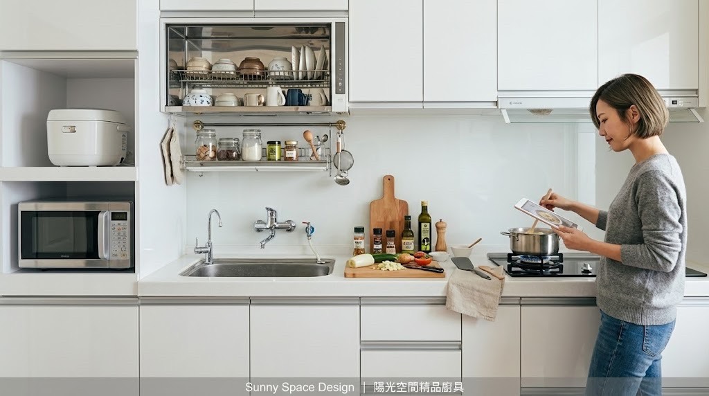 文山區指南路白色結晶鋼烤一字型廚房｜櫻花三機 × 隱藏式把手