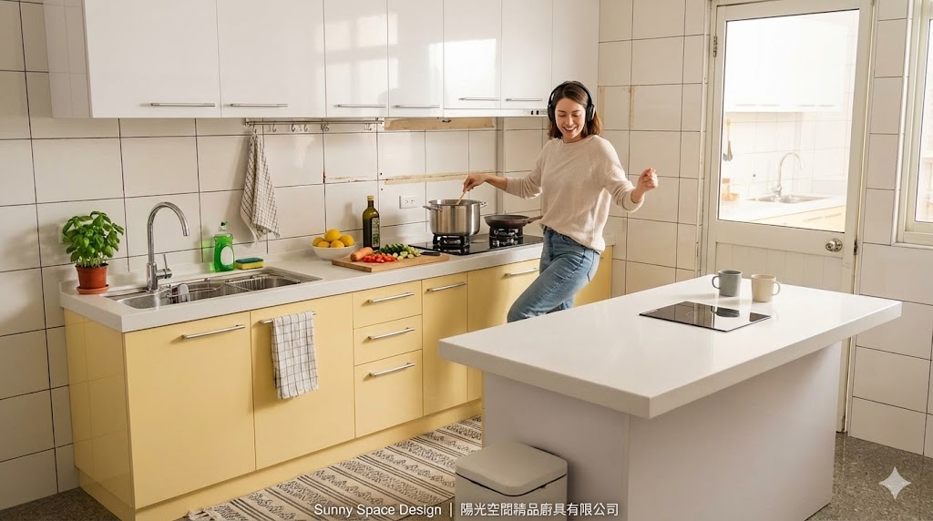 桃園觀音吉祥路白與奶油黃一字型廚具中島吧檯完工照