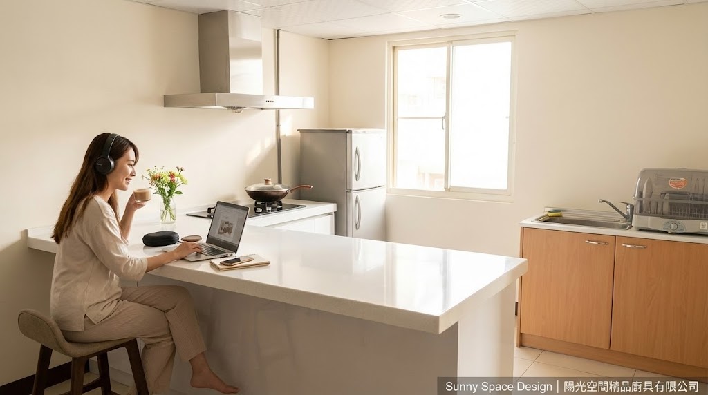 台北市福德路 L 型中島廚房｜韓國人造石檯面 × 美耐門板