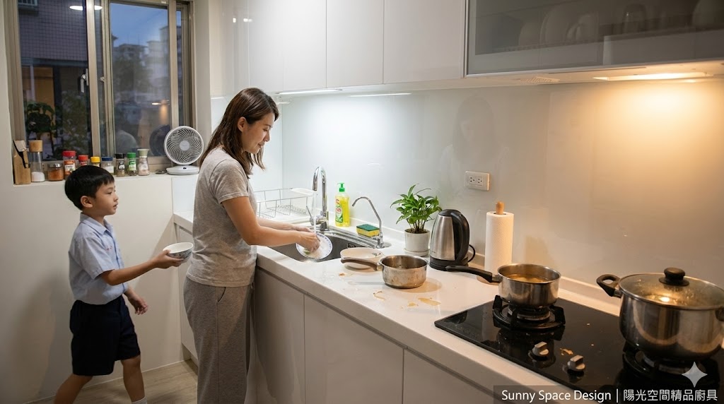 板橋金門街廚房翻新完工照 強制排氣熱水器安全示範