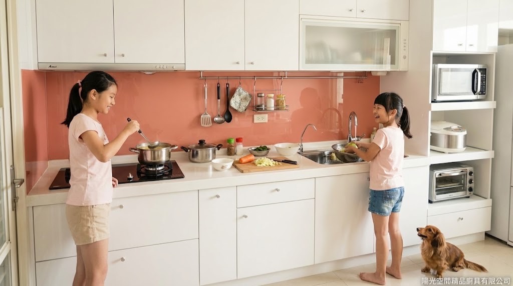 白色水晶門板 × 不銹鋼桶身 × 韓系人造石檯面 × 電器櫃｜土城青雲路｜陽光空間精品廚具