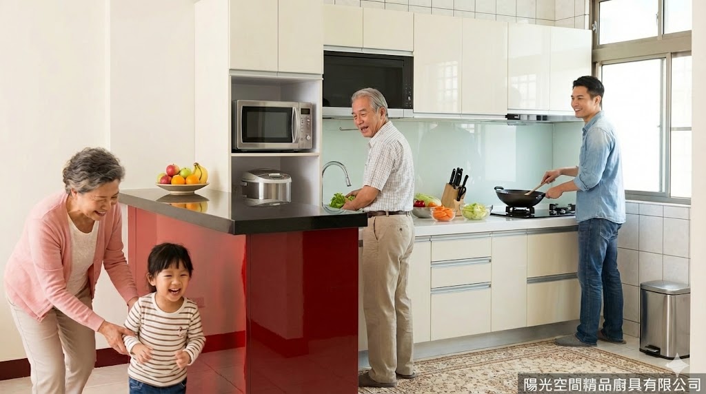 L型石英石廚具紅色高吧檯設計完工照