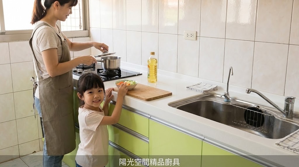 內湖安泰街青蘋果淡綠廚房 × 六面結晶鋼烤 × 韓國人造石檯面｜陽光空間精品廚具