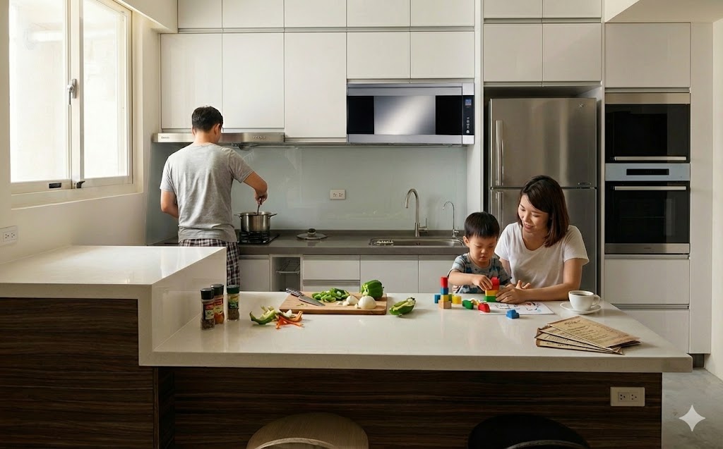 台北龍江路水晶白與木紋中島廚具完工照