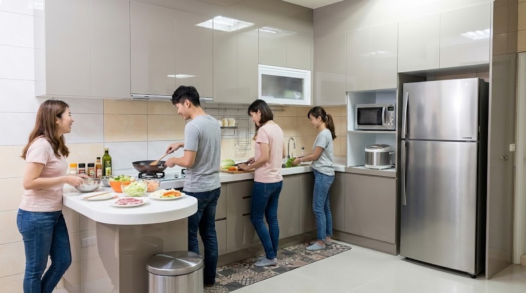 張小姐開放式ㄇ字型廚房全景｜結晶鋼烤門板｜修圓吧檯｜陽光空間精品廚具