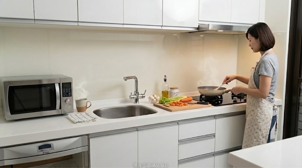 松山大間 2 字型廚房 × 六面結晶鋼烤 × 電器平台櫃｜陽光空間精品廚具