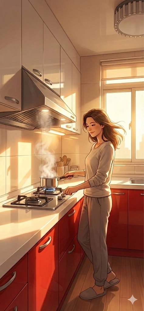 身份一翻面,能力就開始流動 陽光空間廚具小說集:一位女性在廚房中找到自我,眼神充滿自信與光芒 - 示意圖