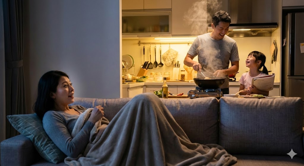 《廚房小說集》3 AI情境圖:月經來時的疲憊與丈夫下廚的背影