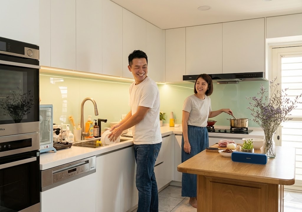 《廚房小說集》5 AI情境圖:新婚夫妻在老舊低矮廚房的困擾