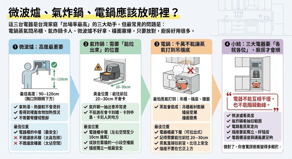 廚房電器櫃微波爐氣炸鍋電鍋收納示意圖