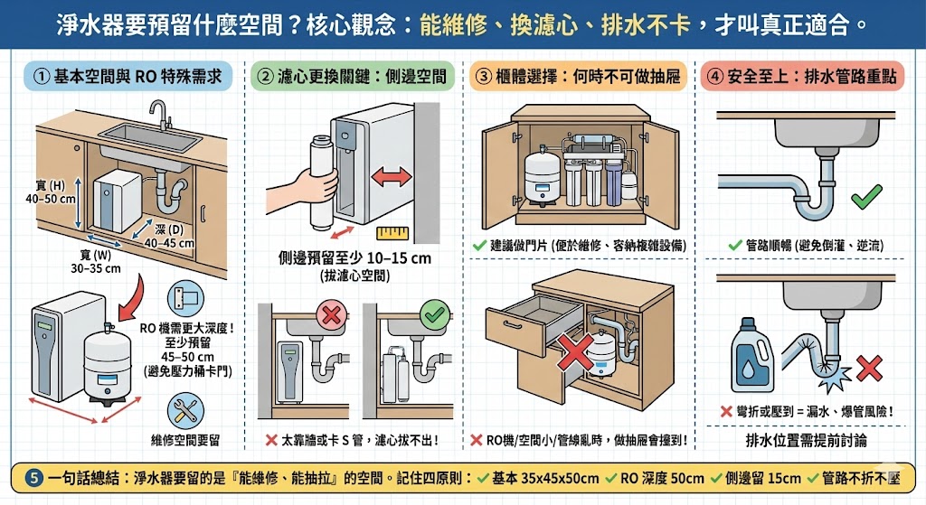 廚下淨水器安裝空間與管線配置示意圖