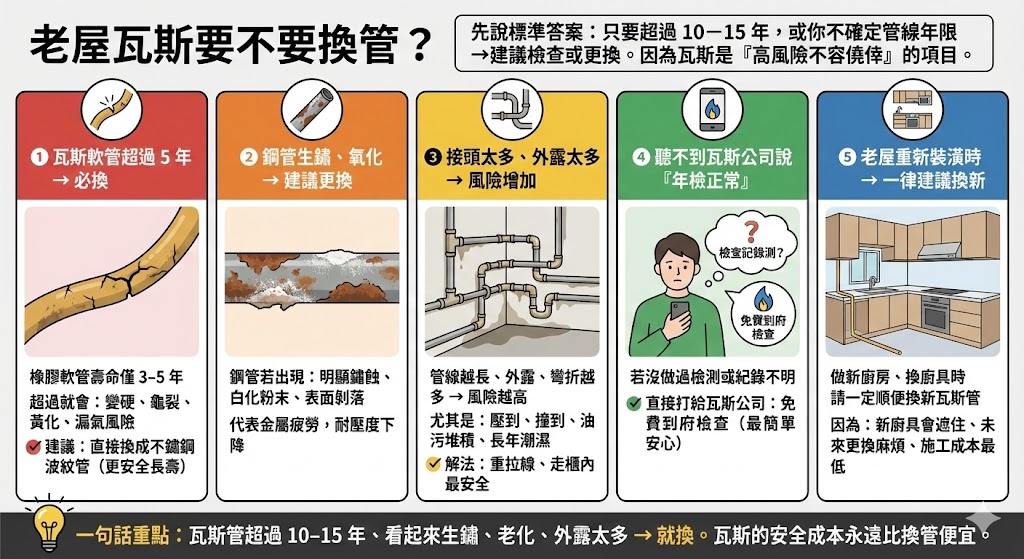 老舊瓦斯管線鏽蝕與更換示意圖