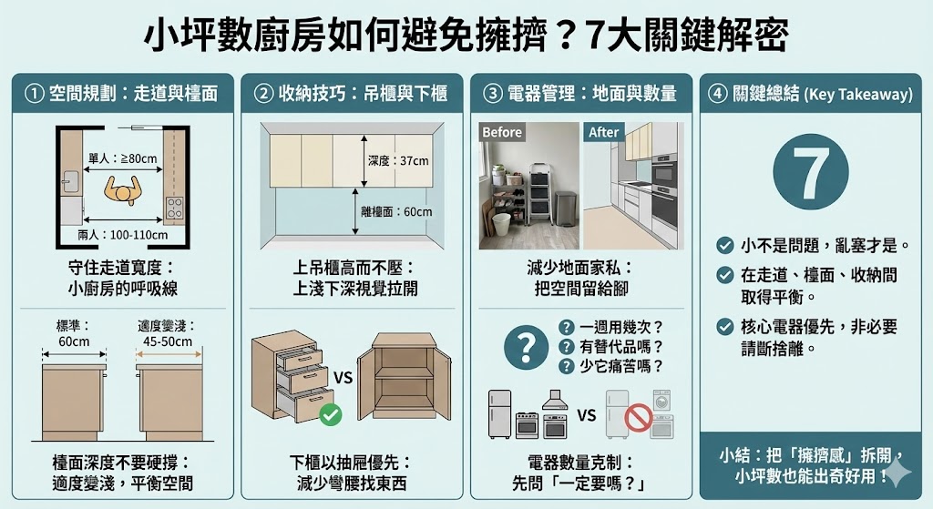小坪數廚房收納與動線優化示意圖