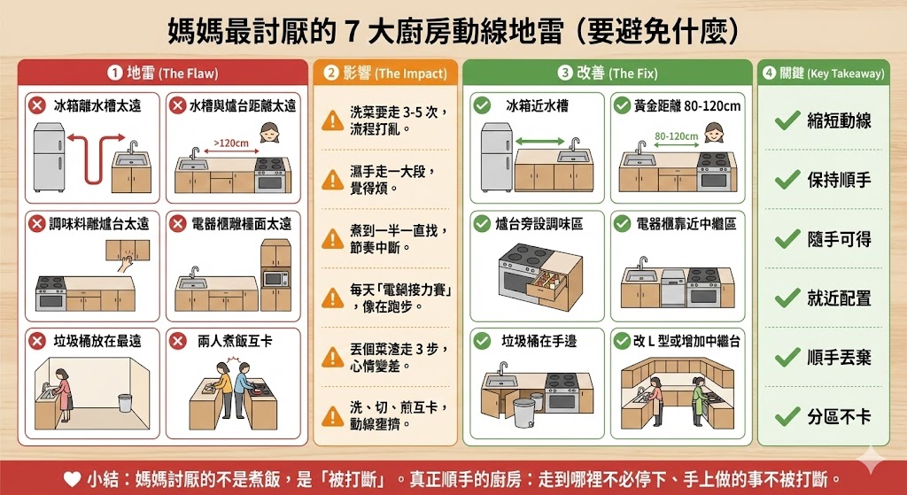 廚房不順手動線與改善方案示意圖
